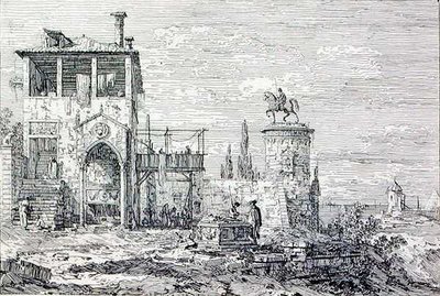 Maisema ja hevosmonumentti (kaiverrus) tekijältä Canaletto