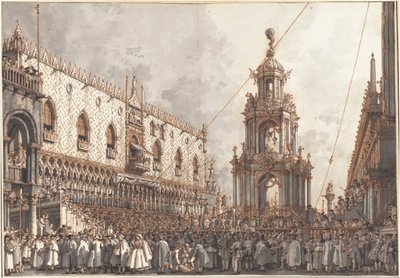 Giovedì Grasso -festivaali Venetsian herttuan palatsin edessä tekijältä (1697-1768) Canaletto