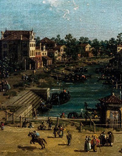 Näkymä Mestrestä ja Canale delle barche, yksityiskohta, n. 1755-1760 (öljy kankaalle) tekijältä (1697-1768) Canaletto