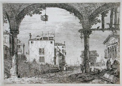 Näkymä pelihallin läpi kohti rannikon rakennuksia (etsaus) tekijältä Canaletto