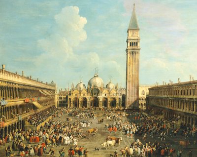 Härkätaistelut tai härkämetsästys Piazza San Marcolla, Giovanni Antonio Canal (1697-1768) ja Giovanni Battista Cimaroli (1687-1753 jälkeen), öljy kankaalle, 99x145 cm tekijältä Canaletto