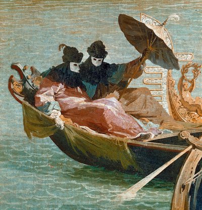 Venetsian dogen sitoutuminen Adrianmereen: Yksityiskohta kahdesta maskia ja sateenvarjoa käyttävästä hahmosta gondolissa (öljy kankaalle, n. 1729) tekijältä Canaletto