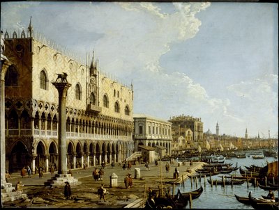 Venetsia: näkymä Dogen palatsille ja Riva degli Schiavoni -aukiolle Piazzettalta, n. 1729 (öljy kuparilevylle) tekijältä Canaletto