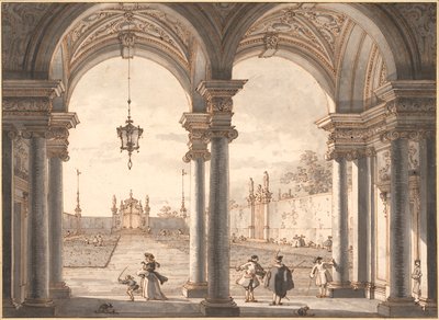 ""Näkymä barokkipylväikköstä puutarhaan"" (Näkymä barokkipylväikköstä puutarhaan) Kynäpiirros Antonio Canal dit Canaletto (1697-1768) 1760-1768 Koko 33,1x45,4 cm Albertina , Wien tekijältä Canaletto