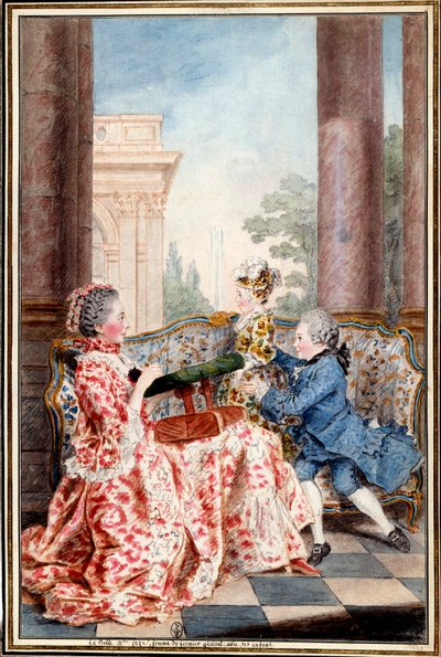 La belle Madame Caze, maanviljelijän kenraalin vaimo ja hänen lapsensa Akvarelli Louis Carrogis (1717-1806) dit Carmontelle. 1700-luvun aurinko. 0,32x0,21 m Chantilly, musee conde tekijältä Carmontelle