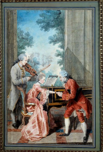 Mademoiselle Delou, Monsieur Philippe ja Monsieur de Texier Herrasmies kunnioittaa nuorta pianistia. Louis Carrogisin akvarelli, Carmontelle (1717-1806) 1700-luvun Pariisi, Musee Carnavalet - Mademoiselle Delou, Monsieur Philippe ja Monsieur d tekijältä Carmontelle