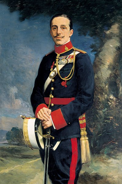 Espanjan kuninkaan Alfonso XIII:n (1886-1941) muotokuva sotilasunivormussa. Kaulakin maalaus (1800-luku) tekijältä Kaulak