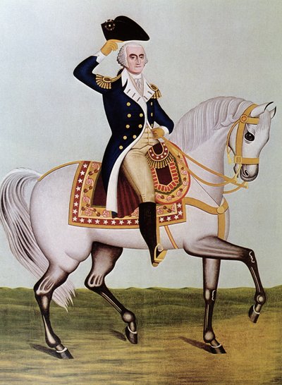 George Washington hevosen selässä (väri litho) tekijältä (after) American School
