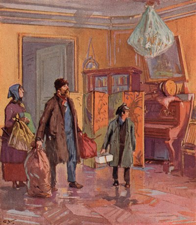 Työväenluokan venäläinen perhe ottaa haltuunsa porvarillisen asunnon vallankumouksen jälkeen (väri litho) tekijältä (after) Carrey
