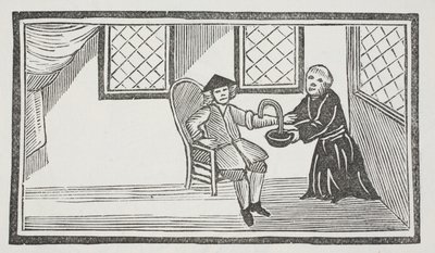 Esitys petollisesta munkista, joka vuotaa hänet kuoliaaksi, kuvitus John Ashtonin pubista "Chap-books of the Eightenth Century". 1882 (litho) tekijältä (after) English School