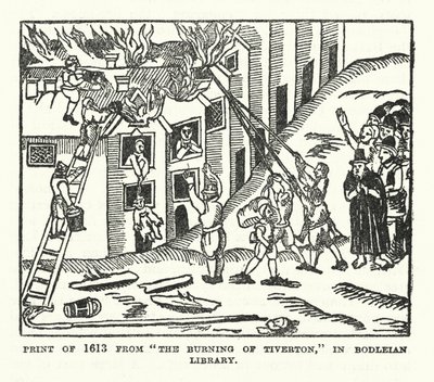 Bodleianin kirjastossa oleva vedos vuodelta 1613 elokuvasta "The Burning of Tiverton" (litografia). tekijältä (after) English School
