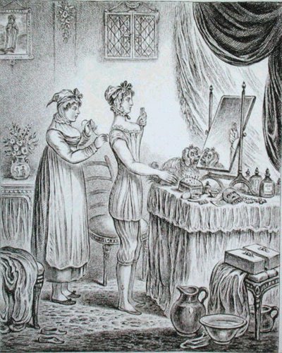 James Gillrayn (1757-1815) syövyttämä, Hannah Humphreyn vuonna 1810 julkaisema "Progress of the Toilet: the Stays" (syövytys). tekijältä (after) English School