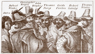 Gunpowder Plot Conspirators, vuoden 1606 kaiverruksen jälkeen (kaiverrus) tekijältä (after) English School