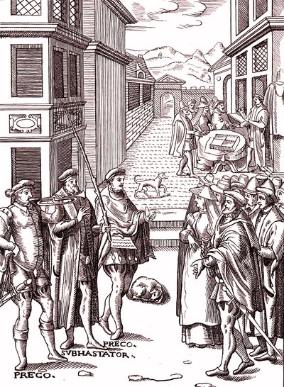 Kaupungin huutaja puhaltaa trumpettia tekijältä (after) Flemish School