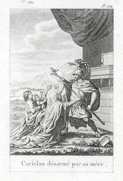 Coriolanus riisuu äitinsä aseista (kaiverrus) tekijältä (after) French School