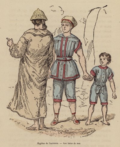 Perhe meren rannalla syksyllä (värillinen kaiverrus) tekijältä (after) French School