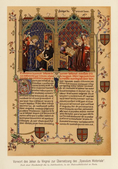 Esipuhe Jean de Vignayn Speculum Historiale -teoksen käännökseen (värilitografia). tekijältä (after) French School