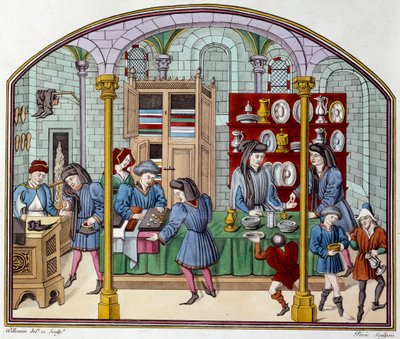 Kultakauppa. Keskiajan tutkijan Nicolas Oresmen (1320-1382) litografia teoksessa Ethiques d