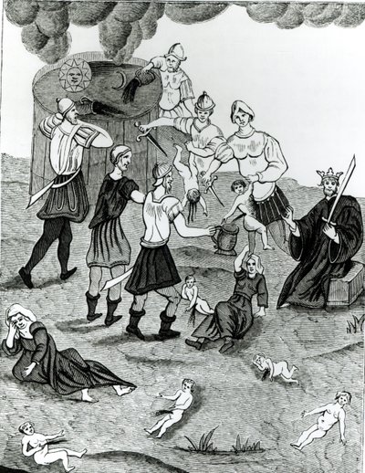 Juutalaiset ottavat verta kristityiltä lapsilta mystisiä riittejä varten juutalaisen Abrahamin kabbalakirjan piirroksen mukaan (litografia) (s/w-kuva). tekijältä (after) French School