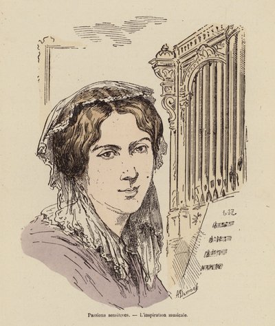 Musiikillinen inspiraatio (värillinen kaiverrus) tekijältä (after) French School