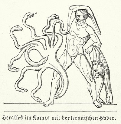 Herakles taistelemassa Lernaen hydraa vastaan (kaiverrus) tekijältä (after) German School