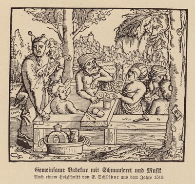 Kylpylän sekakylpylä, jossa on juhlaa ja musiikkia (puupiirros). tekijältä (after) German School