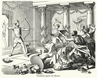 Odysseus tappaa Penelopen kosijat (kaiverrus) tekijältä (after) German School