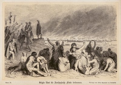 Scipio Africanus polttaa karthagolaisen laivaston (kaiverrus). tekijältä (after) German School