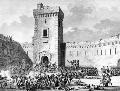 Ranskan vallankumous ja vallankumouksen vastaiset liikkeet: Jakobiinit pysähtyvät Marseillessa ja Aubagne lukittuina Fort Saint Johniin Marseillessa ja kuninkaallisten joukkomurhat 17. Prairial An III (5. kesäkuuta) tekijältä (after) Girardet