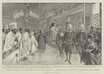 Erikoistunto Vatikaanissa, paavi vastaanottaa Abessinian lähetyssaarnaajien ja alkuperäiskansojen valtuuskunnan (litho) tekijältä (after) Italian School