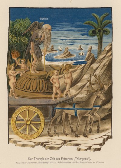 Kohtaus Petrarcan I Trionfi -teoksesta (värilitografia). tekijältä (after) Italian School