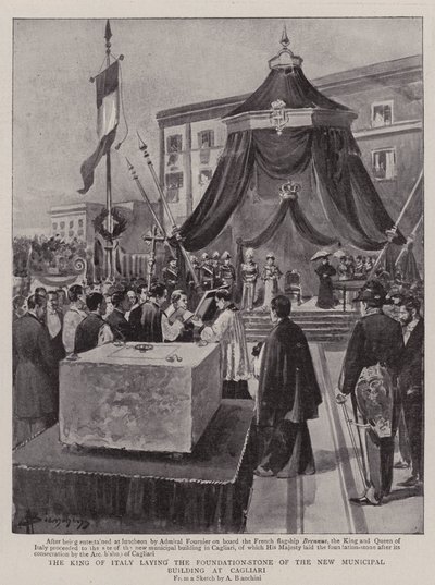 Italian kuningas laskemassa peruskiven uudelle kunnallisrakennukselle Cagliarissa (litho) tekijältä (after) Italian School