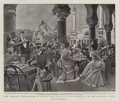 Kansallinen näyttely Torinossa, kahvila maurilaisen tuomioistuimen sisäänkäynnissä (litho) tekijältä (after) Italian School