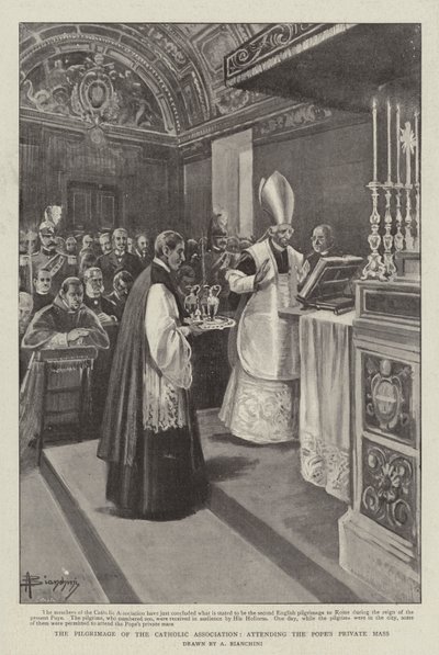 Katolisen yhdistyksen pyhiinvaellus, osallistuminen paavin yksityiseen messuun (litho) tekijältä (after) Italian School