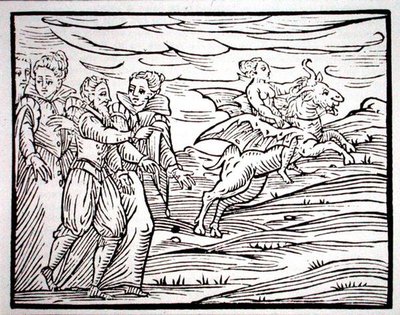 Noita pirullisen vuohen selässä, kopio kuvituksesta, joka on peräisin F. Guacciuksen vuonna 1608 Milanossa julkaisemasta "Compendium Maleticarum" -teoksesta, jota on käytetty 1800-luvun lopulla julkaistussa "History of Magic" -teoksessa (puupiirros). tekijältä (after) Italian School