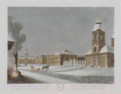 Näkymä Pietarin arsenaalista ja valimosta, joulukuun kuvitus kirjasta "Vuosi Pietarissa", kaivertanut John H. Clark, värittänyt M. Dubourg, pub. 1815 Lontoossa, kirjoittanut Edward Orme (värillinen lito) tekijältä (after) Mornay