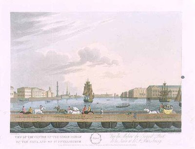 Näkymä Suuren Nevan sillan keskustasta, elokuun kuvitus teoksesta "Vuosi Pietarissa", kaivertanut John H. Clark, värittänyt M. Dubourg, pub. 1815 Lontoossa, kirjoittanut Edward Orme (värillinen kaiverrus) tekijältä (after) Mornay