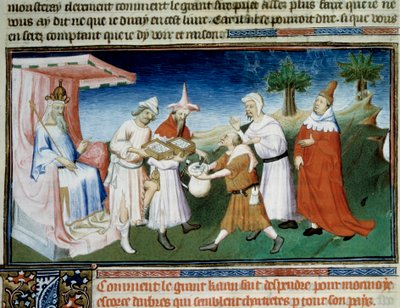 Qubilai (Kubilai Khan, Mongolian Yuan-dynastian ensimmäinen keisari (1215-1294) maksaa ostoksensa pienoiskolikoilla, jotka on otettu Marco Polon "Ihmeiden kirjasta" ("" World Devisement", "" Il Milione"). kuvittanut Master of Boucic tekijältä (and workshop) Boucicaut Master
