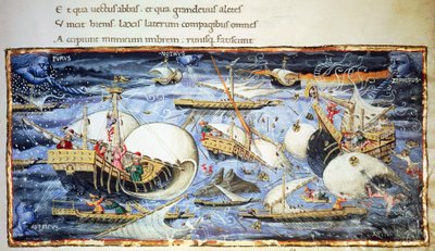 Purjelaivat, Aeneidin kuvitus, Vergilius (70-19 eKr.) eeppinen runo, Apollonio di Giovannille (1415-1465) kuuluva pienoismalli tekijältä (attr. to) Apollonio di Giovanni