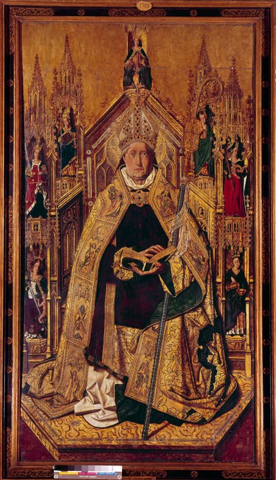 Pyhä Dominica de Silos (1000-1073) valtaistuimella Dominica oli navarran paimen. Hänestä tuli benediktiinimunkki Silosissa Kastiliassa. Cardenas Bermejon maalaus puulle (1435/40-1500) 1400-luku Dim. 242 x 130 cm Madrid, Prado-museo - Saint Dominique of tekijältä Bermejo