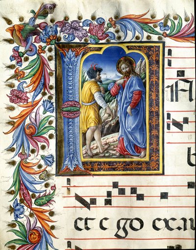 Liberale da Veronan (1445-1529) Kristuksen kiusausta kuvaava decoree-lettriini Sienan katedraalin kuorosta (Cod. 20/5. c.45v). 1400-luvun Sienan katedraali (Duomo), Italia tekijältä (c.1445 1527) Liberale da Verona