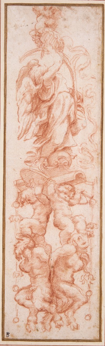 Groteski koristelu holvin kylkilukuun (punainen liitu valkoisella paperilla) tekijältä (c.1489 1534) Correggio