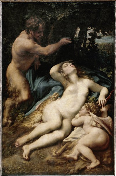 Jupiter ja Antiooppi (tai Venus kupidon ja satyyrin kanssa) (öljy kankaalle tekijältä (c.1489 1534) Correggio