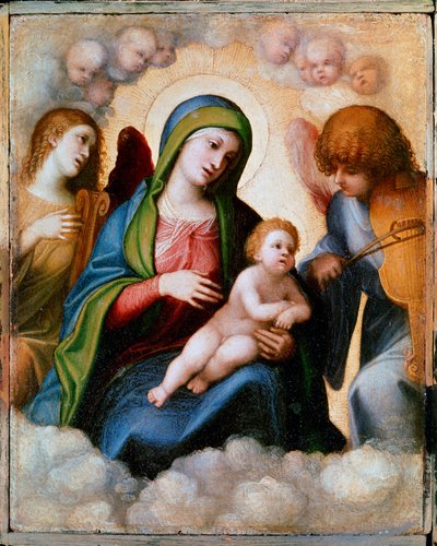Neitsyt ja lapsi kahden enkelin ja kerubiinin ympäröimänä Allegri Antonio dit Il Correggion maalaus (The Correge tekijältä (c.1489 1534) Correggio