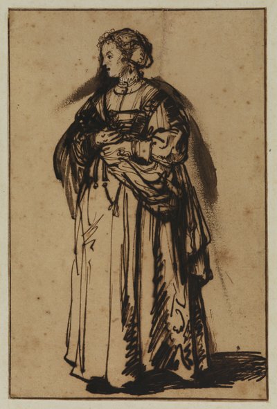 Taiteilijan vaimo Saskia seisomassa ja pitelee kukkia käsissään tekijältä (workshop of) Rembrandt Harmensz. van Rijn