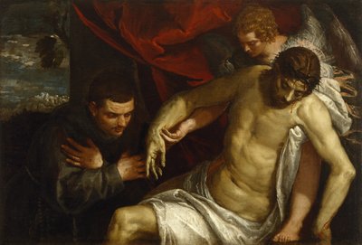 Enkelin tukema ja fransiskaanin palvoma kuollut Kristus, n. 1586-87 tekijältä Paolo Veronese