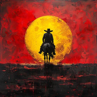 Vintage Länsi Cowboy ja auringonlasku sarjakuva juliste Wall Decor tekijältä F. Abderrahim