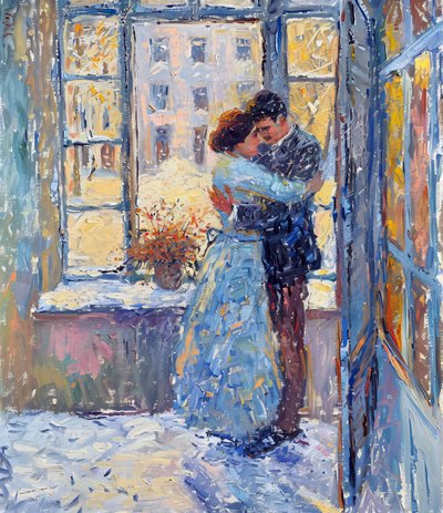 Kangaspainatukset tilauksesta : Impressionistinen öljymaalaus romanttisesta pariskunnasta tekijältä F. Abderrahim