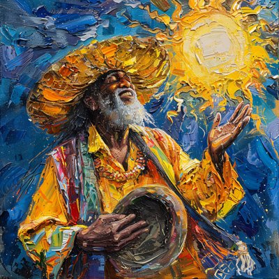 Iloinen meksikolainen mies hattu tanssimassa, van Gogh siveltimenvedot tyyli maalaus tekijältä F. Abderrahim