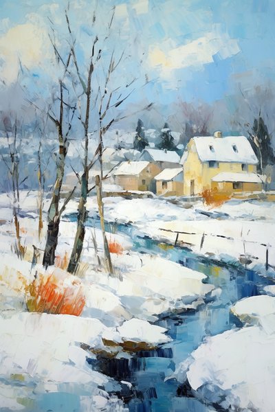 Kylä lumisessa maisemassa öljymaalaus | Nature wall art tulosteet tekijältä F. Abderrahim